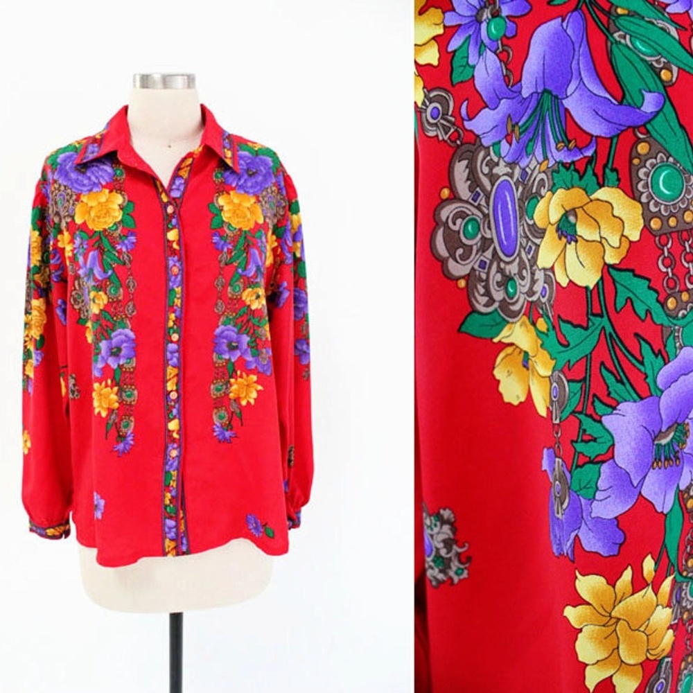 Vtg Versace-esque Red Floral Button Up Blouse